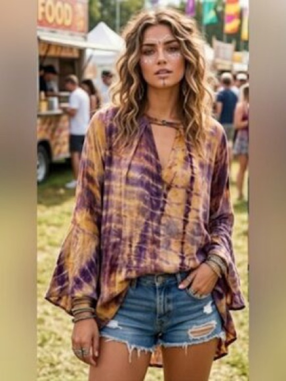 Umgee Purple Gold Tie Dye Bell Sleeve Tunic Dress L – Boho Festival